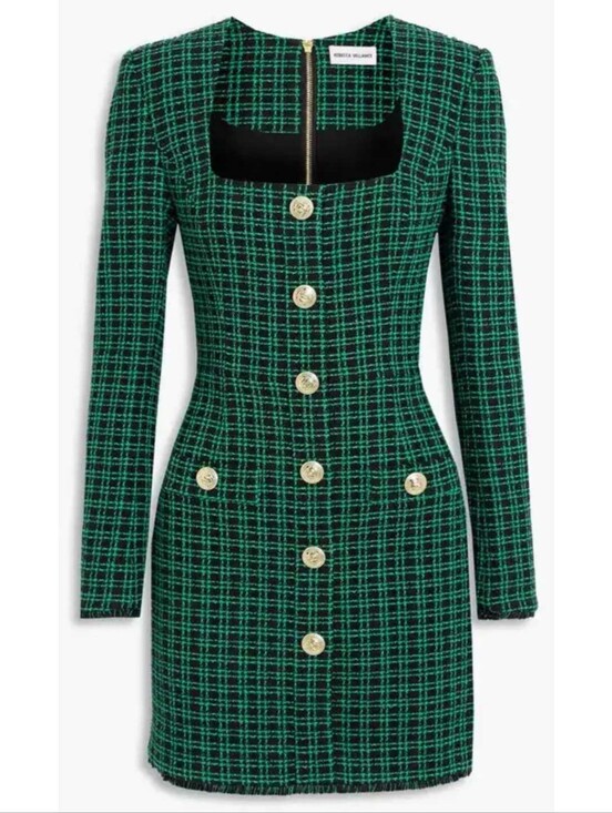 Rebecca Vallance Dresses & Skirts - Rebecca Vallance Becca Dress Green Plaid Gold Button Long Sleeve Mini Tweed 90s